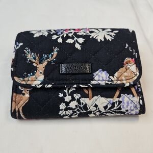 Vera Bradley Merry Mischief RFID Riley Compact Wallet Snap Blue Deer Woodland